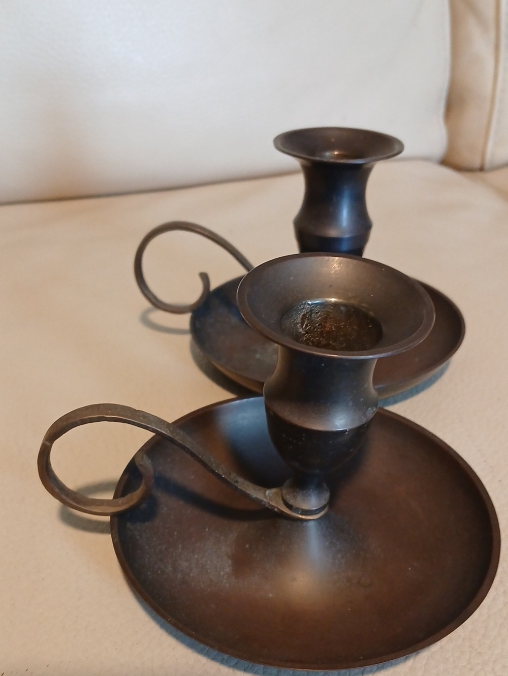 Antique-Style Brass Chamberstick Candlesticks - Dark Patina